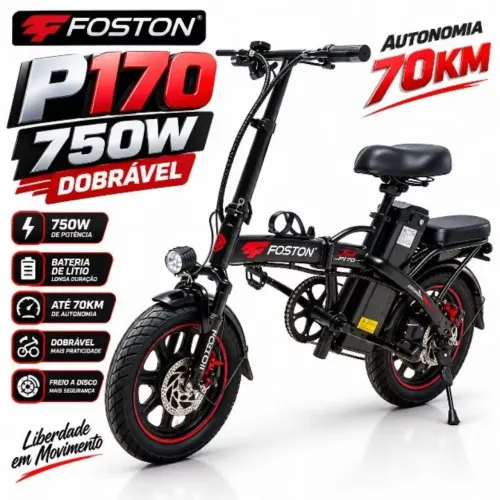 Bicicleta Elétrica Foston P-170 750W Dobrável - Autonomia 70km - Bateria de Lítio