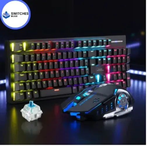 Kit Combo Gamer Teclado Mecânico Blue Switch Com Mouse Led Rgb Óptico 7 Botões Preto