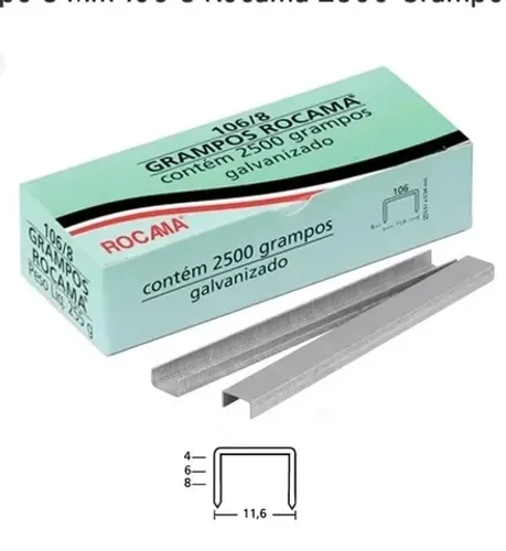 Grampo polido 8mm 106/8 Tapeceiro c/2500 grampos Rocama