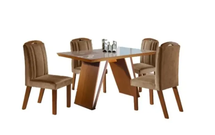 CONJUNTO MESA RAVENA 4 CADEIRAS 120X80  CASTANHO VIDRO OFF TECIDO 165 CARAMELO