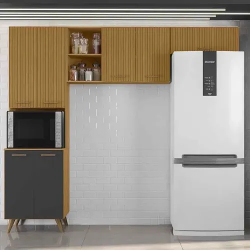 Cozinha Ripado 3 Peças Paneleiro + Aéreo 1.05m + Aéreo de Geladeira Freijó/Grafite rf54