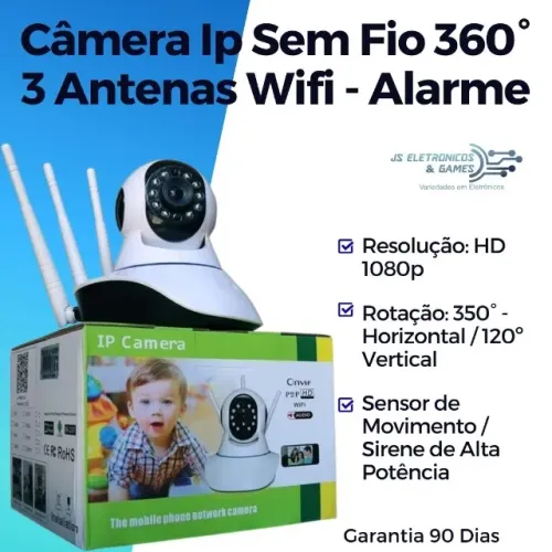 Câmera Ip Sem Fio 360° 3 Antenas Wifi - Alarme - loja física - Garantia