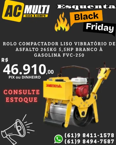 Rolo Compactador Liso Vibratório de Asfalto 265Kg 5,5HP Branco à Gasolina FVC-250