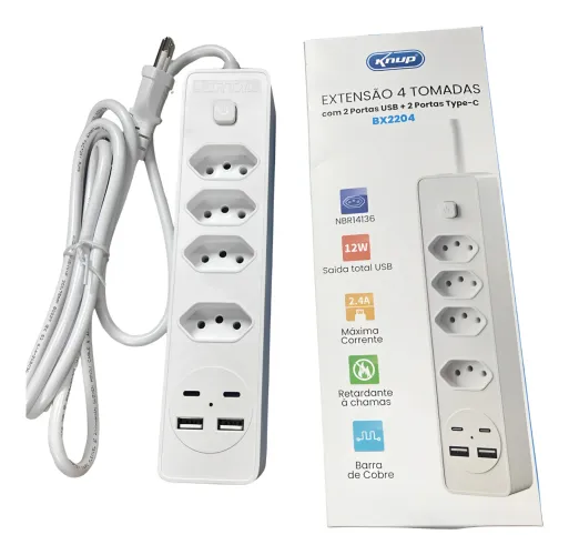 Filtro Extensão Elétrica 2 Metros 4 Tomadas Usb-c Usb Padrão Cor Branco