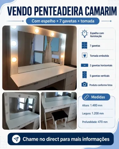 Penteadeira Camarim com espelho 7 gavetas e tomada.