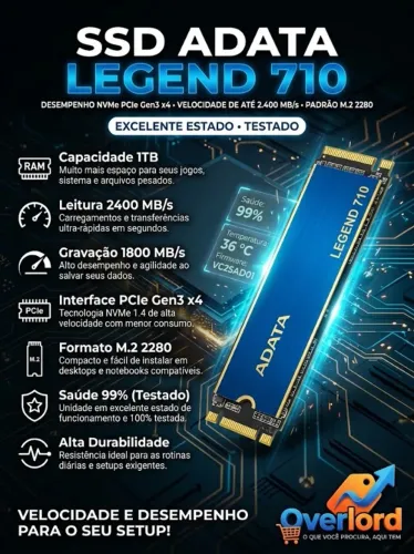 Ssd Adata Legend 710 1tb M.2 Nvme 2280 2400mb/s E 1800mb/s (99% de Saude)
