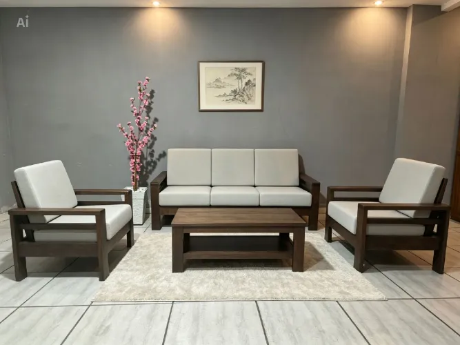 SOFÁ 3 L + 2 POLTRONAS. MADEIRA MACIÇA. ESPUMA FIRME. TECIDO LIMPO. BOTUCATU.