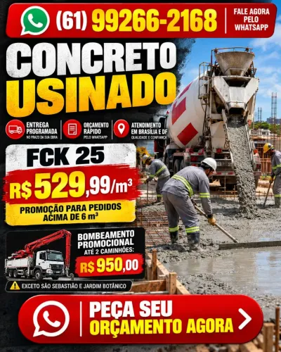 Concreto Usinado FCK 25 R$ 529,99/m³ | Brasília DF