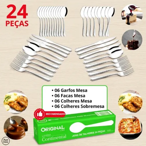 Jogo com 24 Peças Talheres Metal Inox, Para Restaurante Marca Original Line