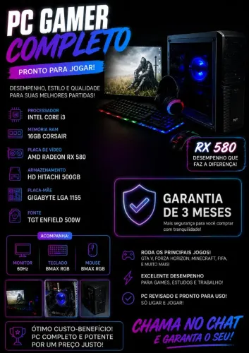 ? PC Gamer Completo ? RX 580 + 16GB RAM + Monitor