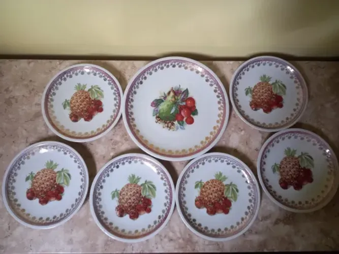 Jogo de Sobremesa Porcelana Real São Paulo - 7 Peças - Frutas e Ouro