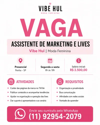? VAGA: ASSISTENTE DE MARKETING E LIVES - PENHA/SP
