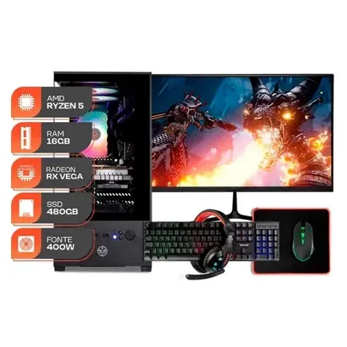 PC Gamer Forge, AMD RYZEN 5 3400G, 16GB DDR4, SSD 480GB, 400W 80 Plus, com Monitor