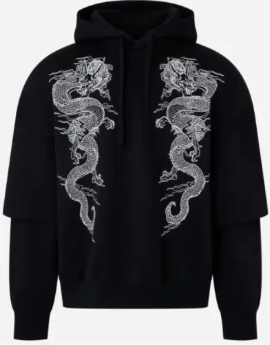 Moletom Boxy em Fleece com Estampa de Dragão e Manga Sobreposta Preto