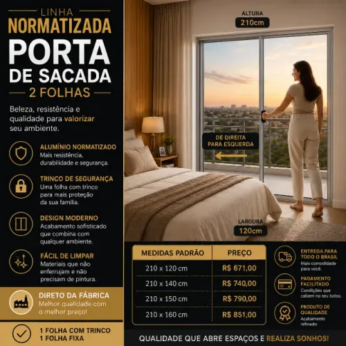 Porta de Sacada Linha normatizada 2 Folhas Alumínio cor natural Direto da Fábrica