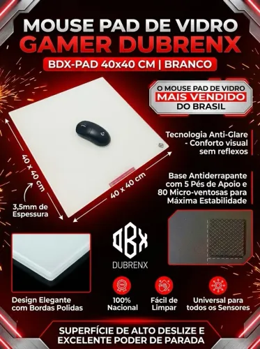 Mouse Pad De Vidro Gamer Dubrenx - 40x40 Cm - Branco