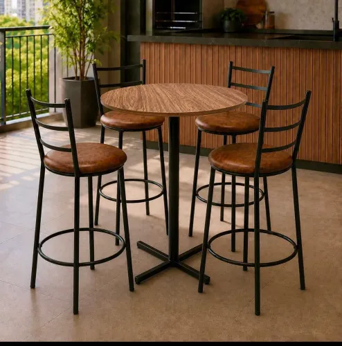 Conjunto mesa alta com 4 banquetas acento tecido corino marron