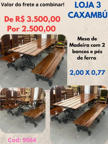 Mesa de Madeira com 2 bancos e pés de ferro - Jundiaí 