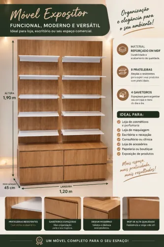 Móvel Expositor para Loja ou Escritório - Painel com Prateleiras e Armários
