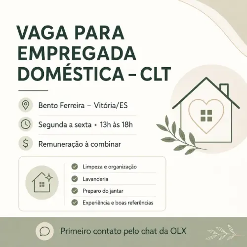 Vaga para Empregada Doméstica - CLT (Bento Ferreira - Vitória/ES)