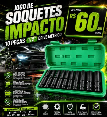 10 SOQUETES DE IMPACTO LONGOS 8 AO 32 MM