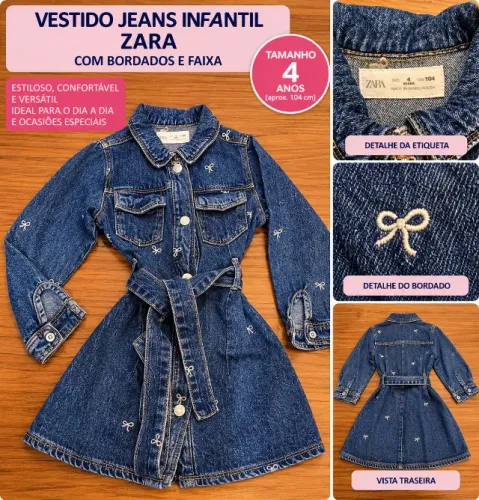 Vestido Jeans Infantil Zara Bordado com Cinto - 4 Anos