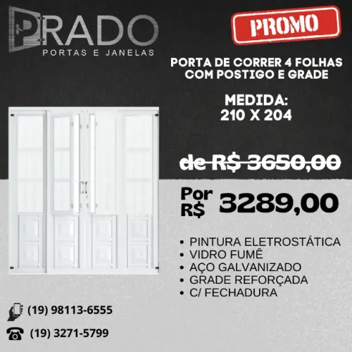 Porta de correr 4 folhas com grade elo e postigo 210x204 aço com pintura eletrostática