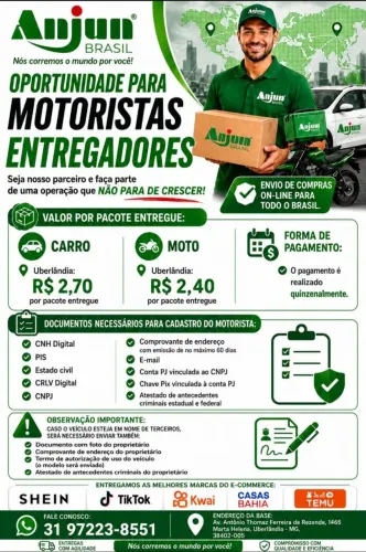 OPORTUNIDADE PARA MOTORISTAS ENTREGADORES - ANJUN EXPRESS