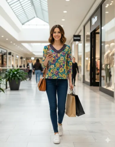 Blusa Floral Feminina Estampada Miçangas E Renda Boho Chic