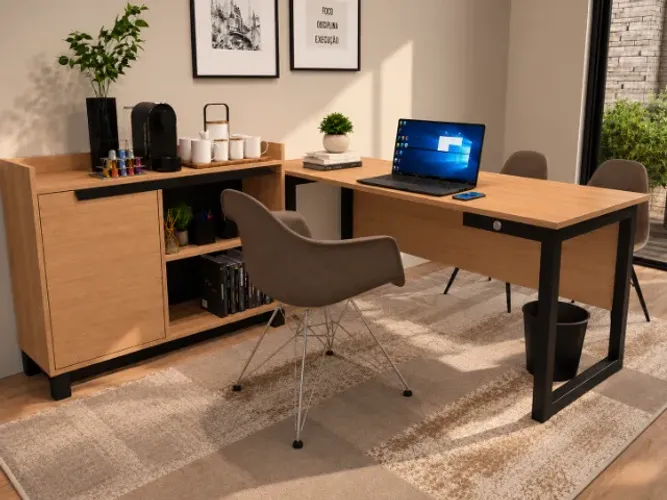 Mesa de Escritório Delluxe Wood com Armário Lateral. L120cm x P135cm