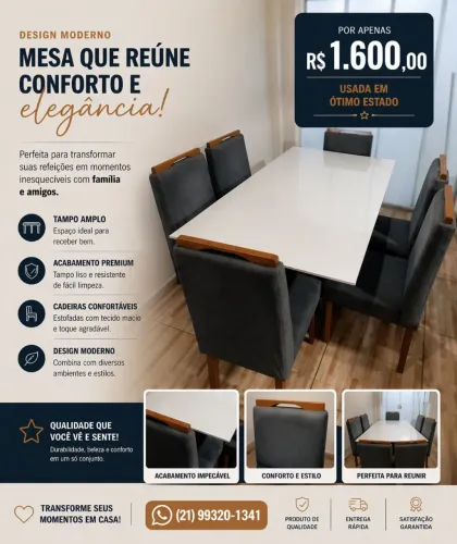 Mesa de jantar com 6 cadeiras em madeira 