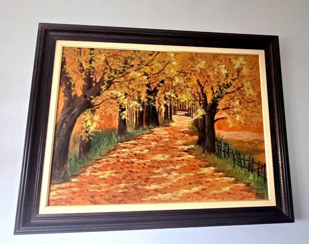 Quadro Pintura à oleo Outono, com moldura marrom