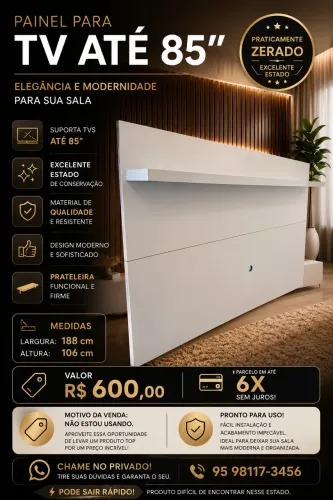 Painel de TV Branco, R$600 ou 6x S/Juros