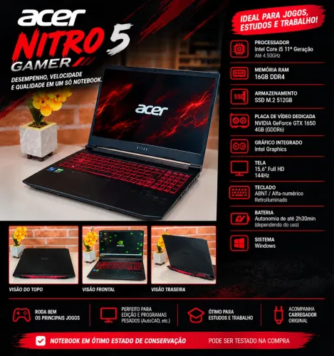 ? Acer Nitro 5 Gamer i5 11ª Geração | GTX 1650 | 16GB RAM | SSD 512GB