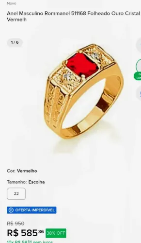 Anel de Ouro 18k Masculino Rommanel com pedra cristal retangular Vermelha 