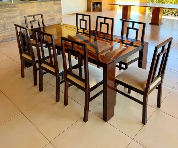 Mesa de Jantar com Tampo de Vidro + 6 Cadeiras