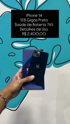 iPhone 14 / 128GB / Preto / Saúde de bateria 76% / Marcas de uso / R$ 2.400,00