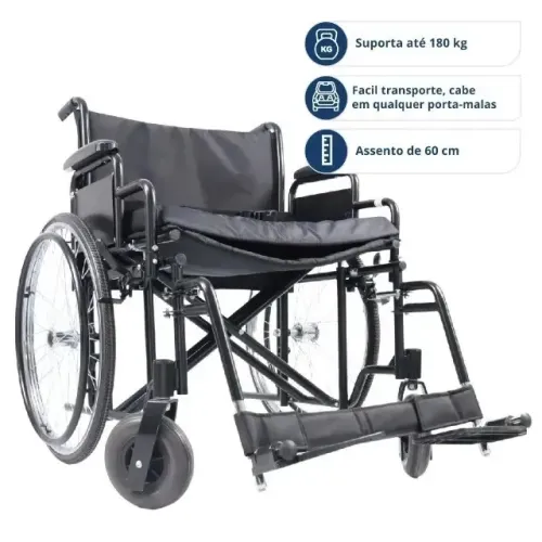 Cadeira de Rodas Dobrável 180 Kg assento 62 cm D500 Dellamed