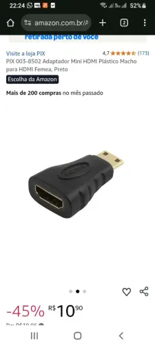Adaptador Mini HDMI Plástico Macho para HDMI Femea