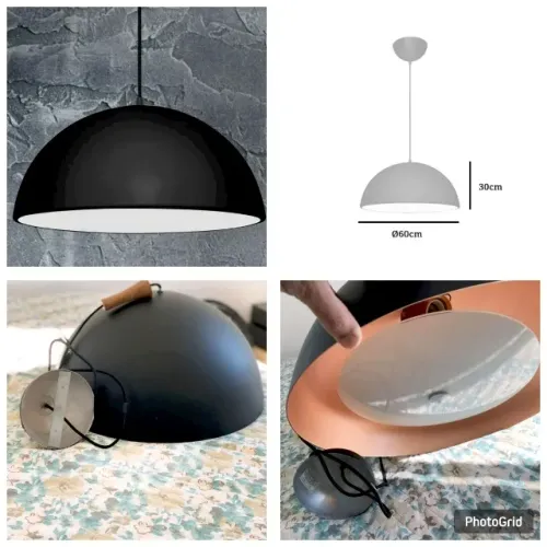 Lustre Pendente 1/2 Esfera Itamonte Preto com Interior Rose Ø60cm com 3 Lâmpadas