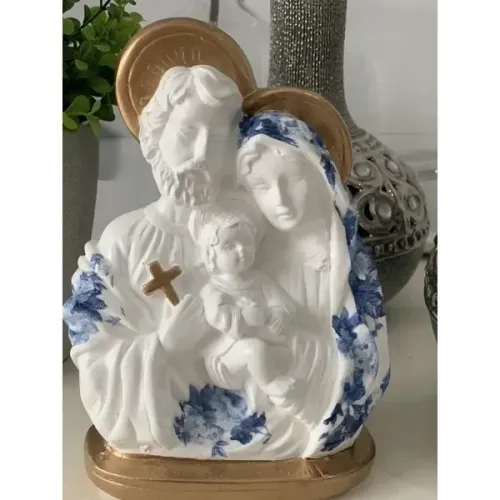 sagrada família 20 cm gesso manto azul e dourado