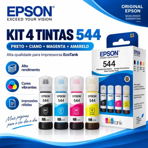 KIT 4 TINTAS 544 EPSON ORIGINAL - PRETO, CIANO, MAGENTA E AMARELO