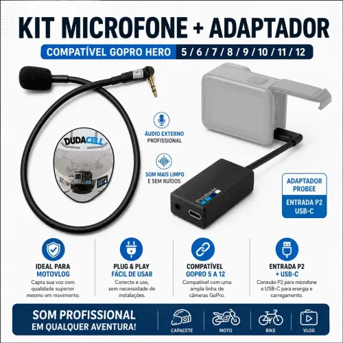 Kit Microfone Motovlog + Adaptador P2 USB-C GoPro Hero 5 6 7 8 9 10 11 12