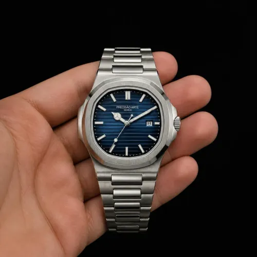 Relógio Masculino Luxo Aço Prata com Fundo Azul