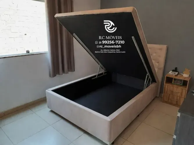 Conjunto cama box Baú De casal 1.38x1.88 Inteiriço Blindado com Pistão a Gás