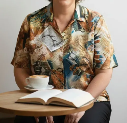 Camisa feminina de seda com manga curta estampada