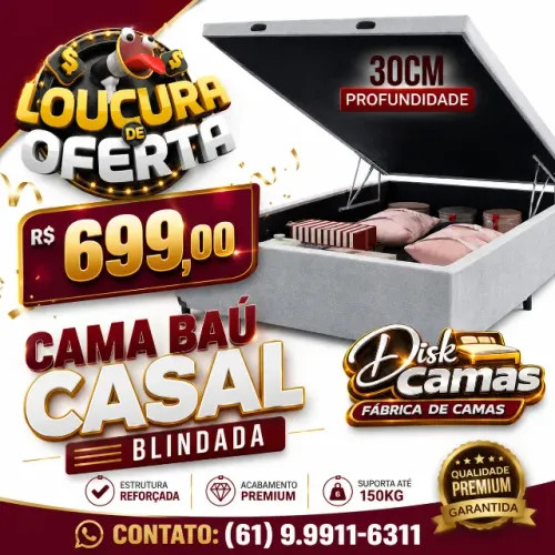 Cama Baú Casal 138x188x45 com Armazenamento Interno Grande - R$699,00.