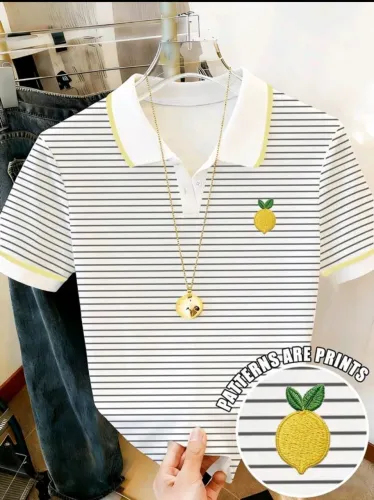 Blusa Polo Feminina Listrada Branca Limão Bordado Tamanho M SHEIN