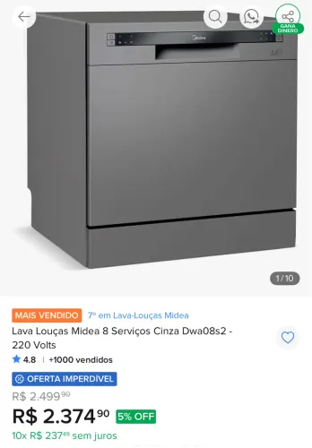 Lava Louças 8 Serviços Midea Cor Cinza