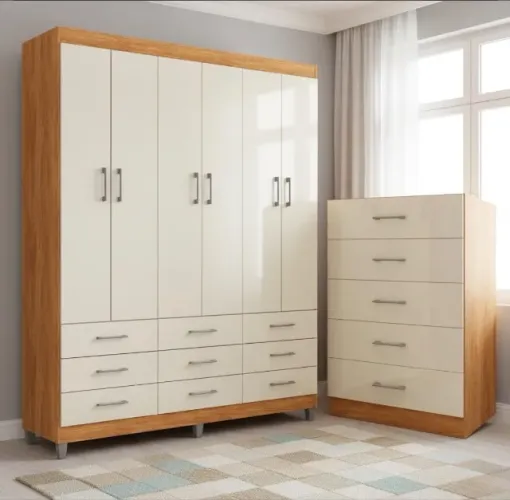 Guarda-Roupa Casal Verona 6 Portas com Cômoda 5 Gavetas Cinamomo Off White